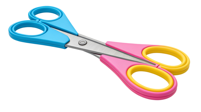 Brightly colored open scissors with blue and pink plastic handles and metallic blades isolated on transparent background