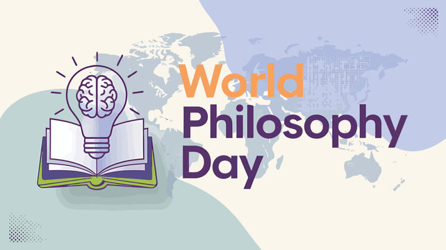 Vector art of world philosophy day depicted with an open book, a lightbulb containing a brain, and a world map background, signifying enlightenment and global philosophical thought