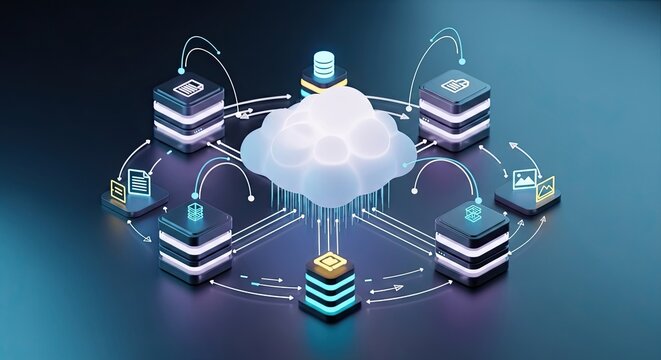 Dynamic cloud network connecting diverse digital services and data points, symbolizing interconnectedness and modern technology solutions for seamless integration and growth