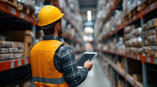 A man in a yellow hard hat and orange safety vest standing in a warehouse, holding a tablet.