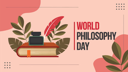 Vector art of world philosophy day celebration with a book, inkwell, and quill, symbolizing the study and writing of philosophical ideas