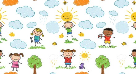 Childlike illustration of happy children with clouds and sun seamless design