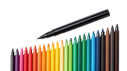 Colorful marker pens arranged in a spectrum gradient with a black felt-tip pen pointing down, isolated on transparent background