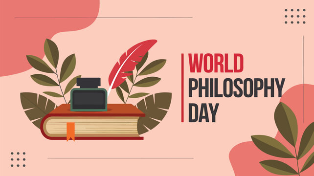 Vector art of world philosophy day celebration with a book, inkwell, and quill, symbolizing the study and writing of philosophical ideas