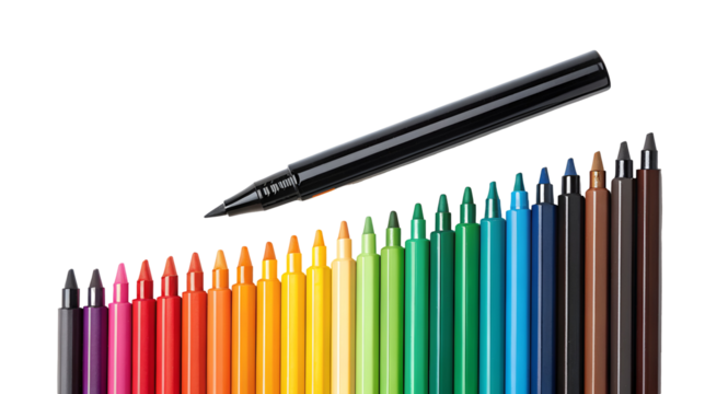 Colorful marker pens arranged in a spectrum gradient with a black felt-tip pen pointing down, isolated on transparent background