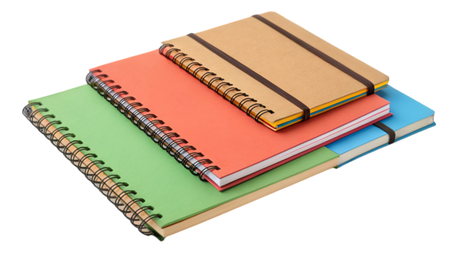 Collection of three stacked vibrant notebooks with spiral binding and elastic closures for school or office isolated on transparent background