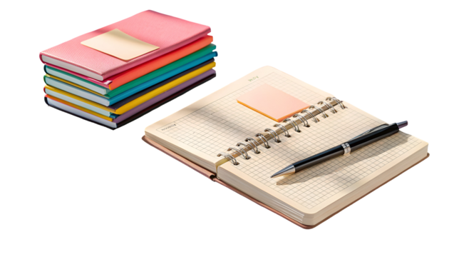 Colorful stack of office journals next to an open spiral notebook with grid paper and a pen isolated on transparent background