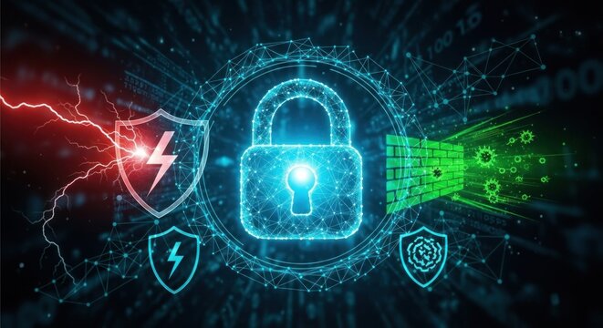 A digital lock icon with a shield and a virus, set against a dark background with a lightning bolt and a world map.