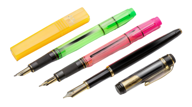 Elegant black fountain pen displayed next to neon green and pink demonstrator pens and a yellow plastic case isolated on transparent background. - Powered by Adobe