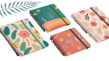 Four colorful spiral notebooks featuring various aesthetic botanical and floral patterns with elastic closures isolated on transparent background