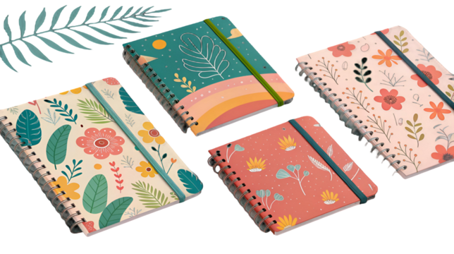 Four colorful spiral notebooks featuring various aesthetic botanical and floral patterns with elastic closures isolated on transparent background