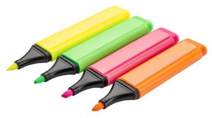 Four professional fluorescent highlighters in bright yellow, green, pink, and orange colors isolated on transparent background