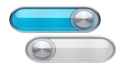 Glossy 3D toggle switch buttons showing both the active blue 'On' state and the inactive gray 'Off' state isolated on transparent background