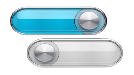 Glossy 3D toggle switch buttons showing both the active blue 'On' state and the inactive gray 'Off' state isolated on transparent background