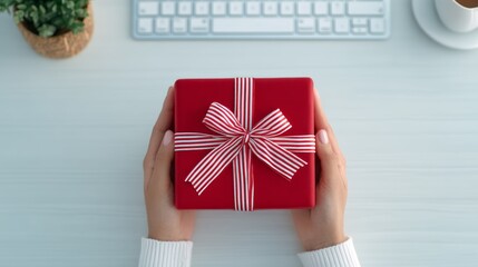 Christmas, year end bonus, business gifting concept. Year-End Appreciation: Employee Placing Gift on Office Desk for Holiday Bonus and Business Gifting with Copy Space.