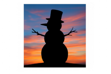 Snowman silhouette standing against a vibrant winter sunset sky, creating a festive scene with copy space, transparent background