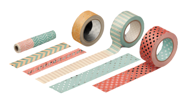 Group of decorative Washi tape rolls and loose strips in pastel colors featuring various geometric and dotted patterns isolated on transparent background