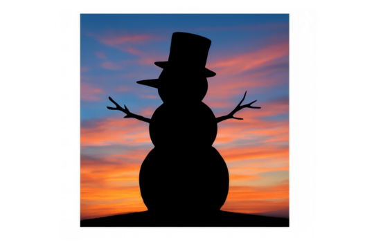 Snowman silhouette standing against a vibrant winter sunset sky, creating a festive scene with copy space, transparent background - Powered by Adobe