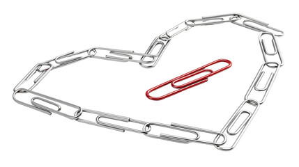 Linked chain of metallic silver paper clips forming a symbolic heart shape with a vibrant red clip inside isolated on transparent background