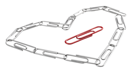 Linked chain of metallic silver paper clips forming a symbolic heart shape with a vibrant red clip inside isolated on transparent background