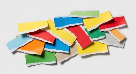 Pile of colorful torn paper strips on a white background