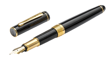 Luxury black and gold fountain pen with the cap removed, showing the golden nib, isolated on transparent background