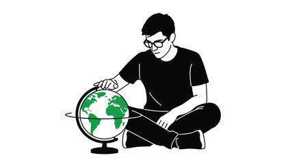Man with globe illustration travel planning world geography education editable
