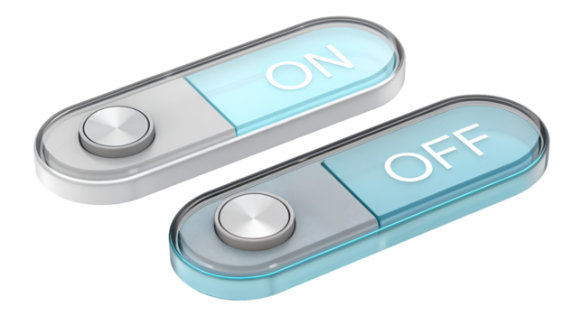 Modern 3D digital interface toggle switches featuring both ON and OFF states isolated on transparent background.
