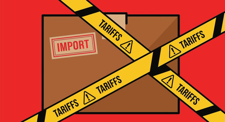 Import tariffs and trade war concept with box and warning tape art editable