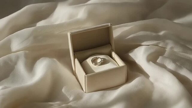 Simple silver band ring displayed in an open beige jewelry box resting on draped off-white fabric