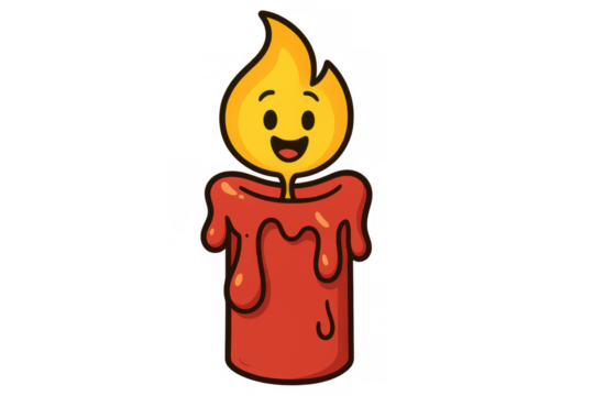 Happy smiling candle character with a bright yellow flame, melting red wax, creating a cheerful light, transparent background
