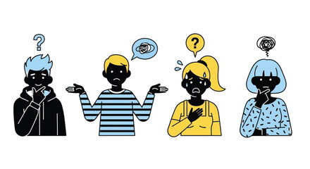 Confused people thinking problem solving and uncertainty illustration editable