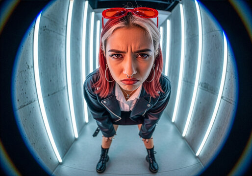 POV de una mujer latina morena con cara enojada en desaprobaci&oacute;n mirando a la c&aacute;mara, vistiendo un urban look aesthetic background