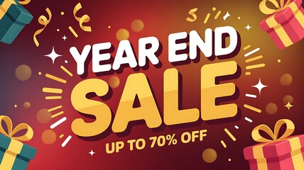 Year end sale banner with gift boxes and confetti, offering up to 70 off on various products, creating a festive atmosphere for holiday shopping season