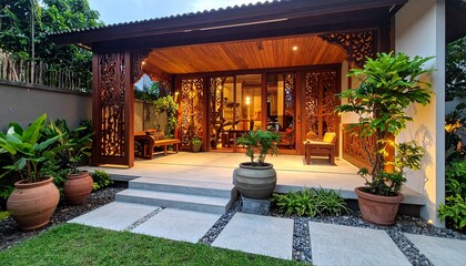 A cozy tropical home with wooden accents, lush garden plants, and a serene patio lounge. Warm lighting and natural textures create a relaxing outdoor retreat perfect for evening relaxation
