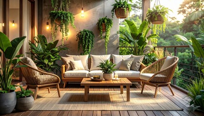 Fototapeta premium A tropical outdoor lounge with rattan furniture, hanging lights, and lush greenery. Warm tones and natural textures create a serene, cozy retreat surrounded by vibrant plants and wooden details