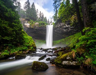Waterfall cascading into a lush forest