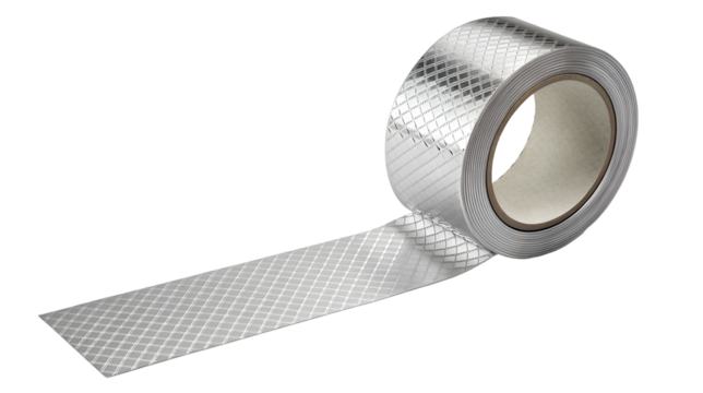 Roll of metallic silver reflective tape with a diamond grid pattern unwinding from the core isolated on transparent background.