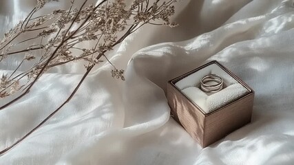 Stacked silver bands resting in a small open jewelry box atop draped white fabric next to dried foliage