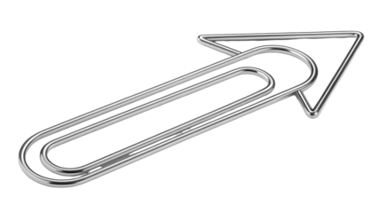 Shiny chrome paperclip bent into an upward pointing arrow, symbolizing progress and direction, isolated on transparent background