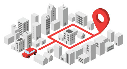 Isometric city navigation with car and location pin destination route editable