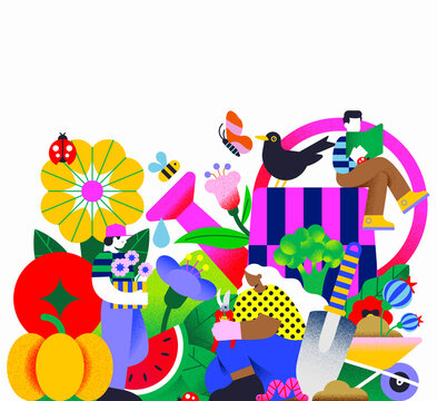 Vibrant vector of gardening, nature, and community with bold colours