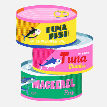 Retro vector of stacked fish tins with bold fonts and bright colours