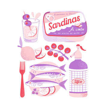 Retro Vector Illustration of Spanish Tapas, Sardine tin & Vermouth