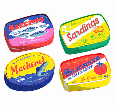 Retro Vector Illustration of Colourful Canned FishTins
