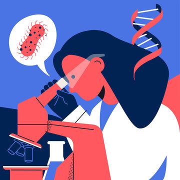 Female Scientist with Microscope and DNA Illustration
