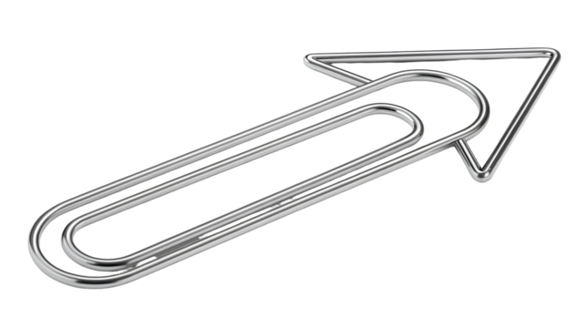 Shiny chrome paperclip bent into an upward pointing arrow, symbolizing progress and direction, isolated on transparent background