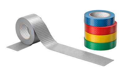 Silver gray duct tape roll unrolling beside a stack of four colorful adhesive tapes isolated on transparent background