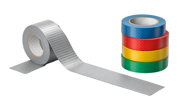 Silver gray duct tape roll unrolling beside a stack of four colorful adhesive tapes isolated on transparent background - Powered by Adobe