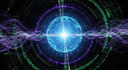 A blue and purple light sphere emitting energy in a futuristic, digital setting with green and purple circular patterns and a black background.